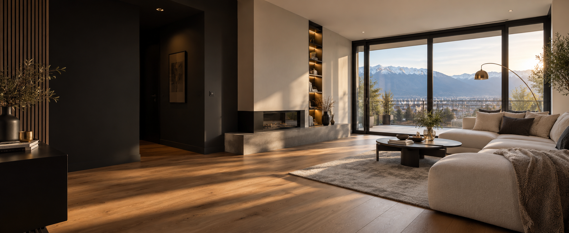 Intérieur contemporain rénové avec vue sur les massifs grenoblois